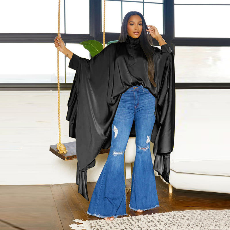 Pleated Long Solid Color Shawl Blouse NNWF 10623