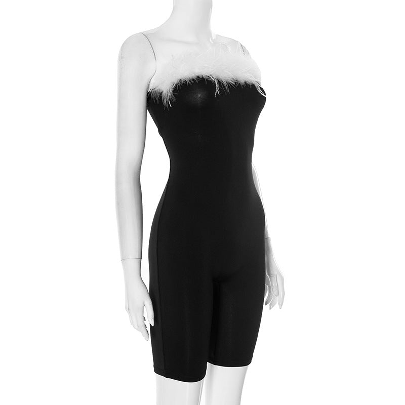 Color Block Hair Collar Wrap Skinny Romper GDSF D25RP067