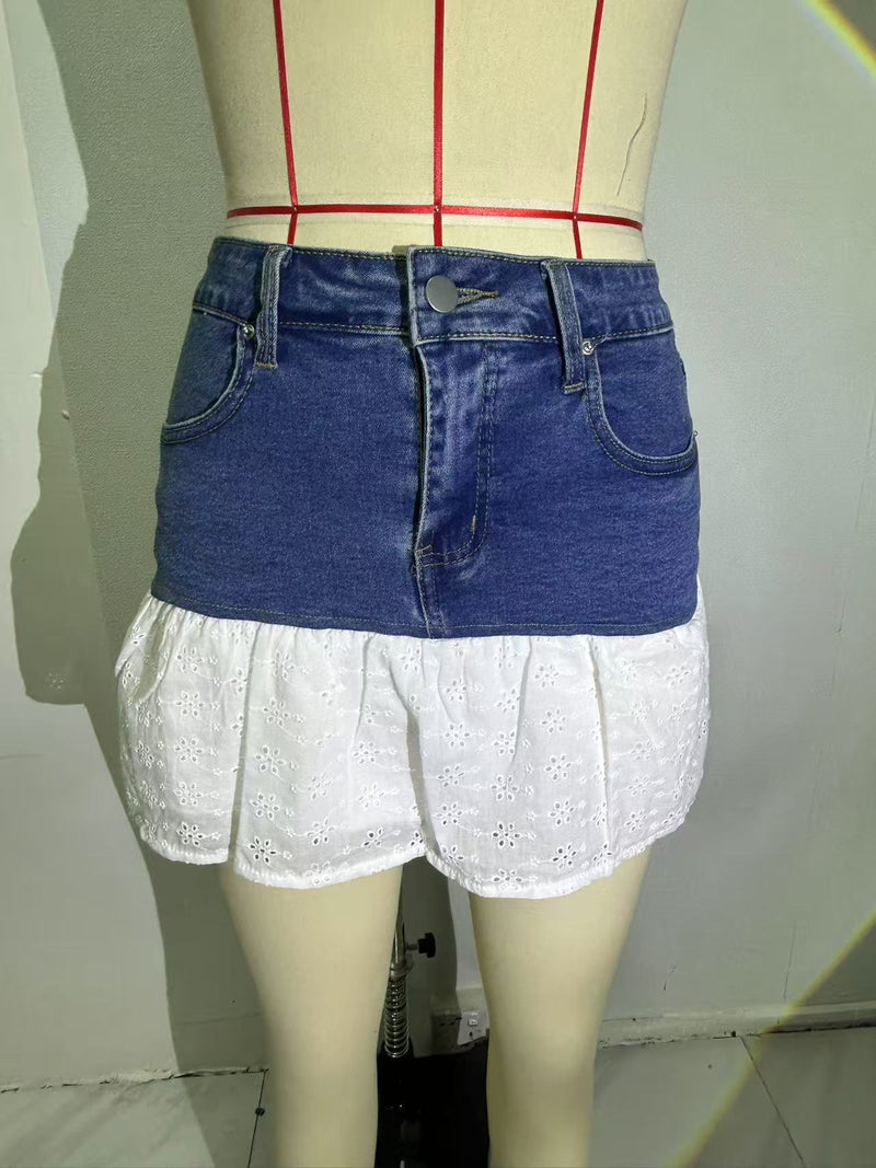 Lace Patchwork High Waist Denim Skirt GMYT 14129