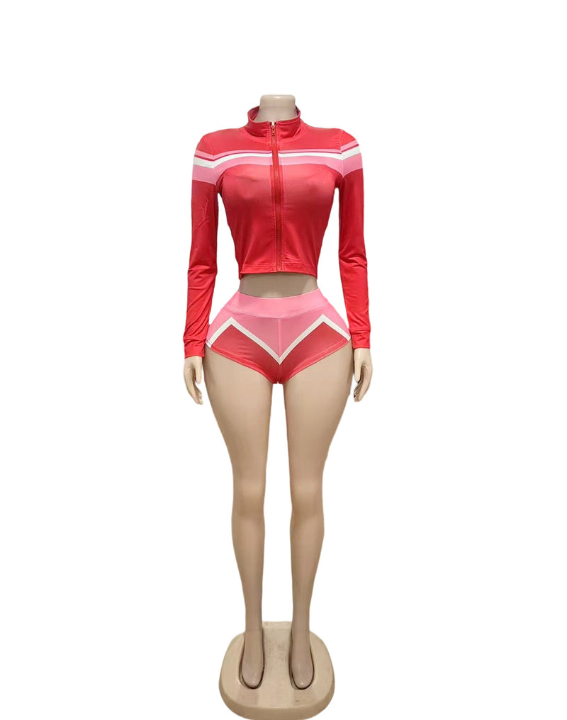 Color Block Bikini Short Top Three Piece Set GFCF 1372