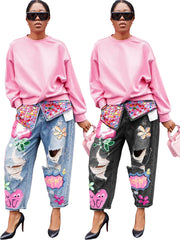 Plus Sizse Hot Drill Print Holes Loose Jeans OD 8685