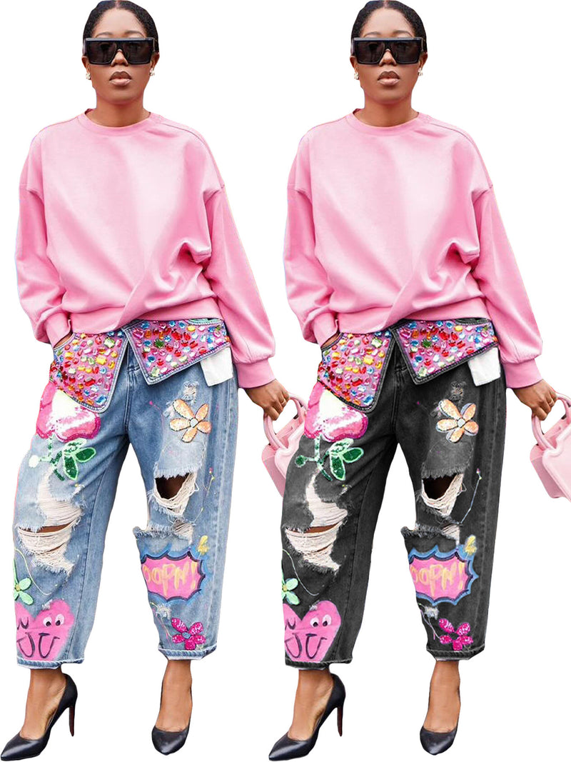 Plus Sizse Hot Drill Print Holes Loose Jeans OD 8685
