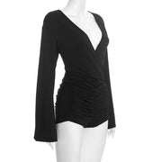 Deep V Neck Flare Long Sleeve Romper GDSF D25RP539