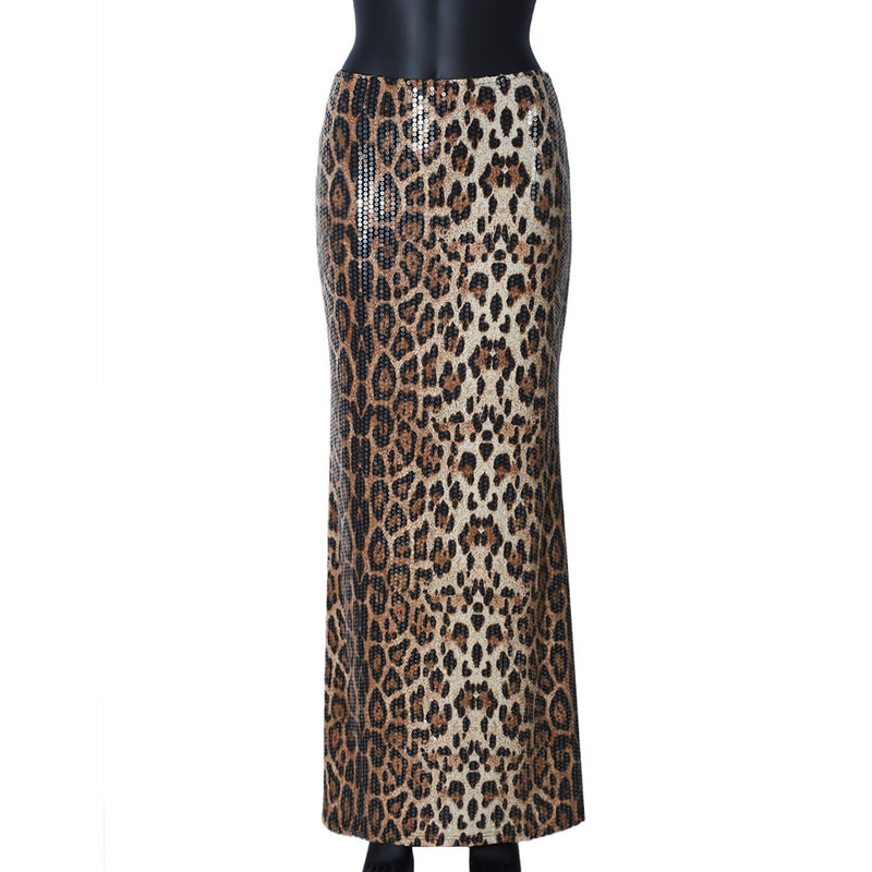 Leopard Print Sequin Patchwork Long Skirt GBTF 51515DHD