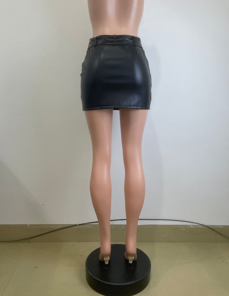 Sexy PU Leather Split Mini Skirt With Belt QODY 6053