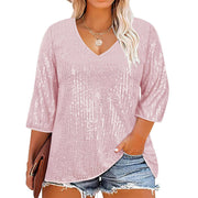 Plus Size Casual Sequin V Neck T Shirt GOSD 1554