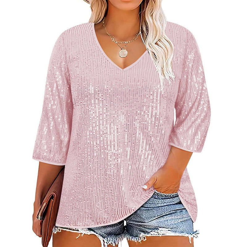 Plus Size Casual Sequin V Neck T Shirt GOSD 1554