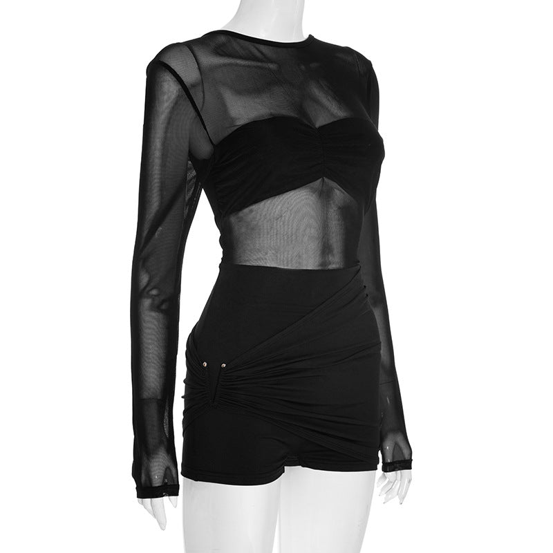 Sexy Mesh Long Sleeve Pleated Romper GSZM C25RP262