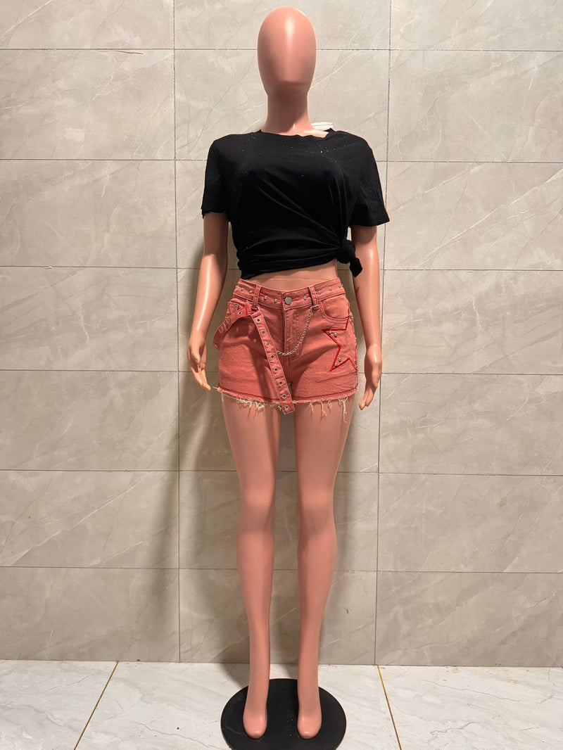 Rivet Embellished Waist Chain Denim Short LA 6010