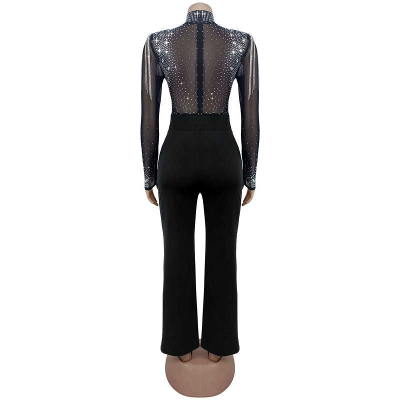 Mesh Hot Drill Long Sleeve Jumpsuit BY 7579