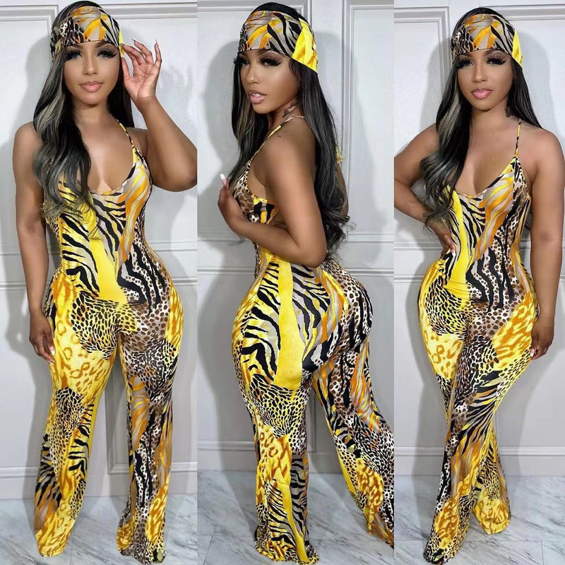 Leopard Print Sling Jumpsuit With Headscarf OD 8547