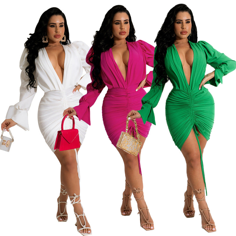 Solid Deep V Neck Drawstring Ruched Bodycon Dress HNIF 076