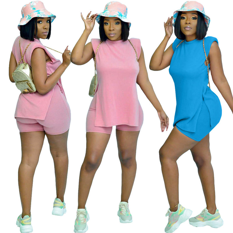 Plus Size Solid Sleeveless Split 2 Piece Shorts Sets OMY 81007
