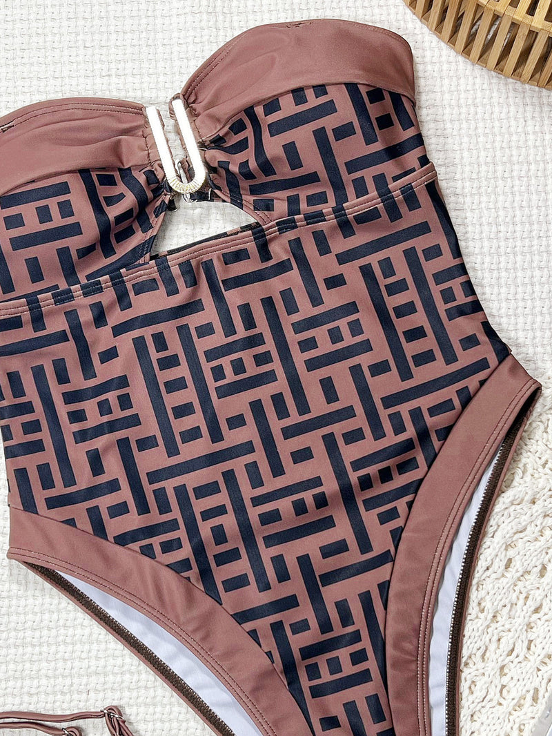 Print V Neck Backless One Piece Swimsuit CSYZ G682R