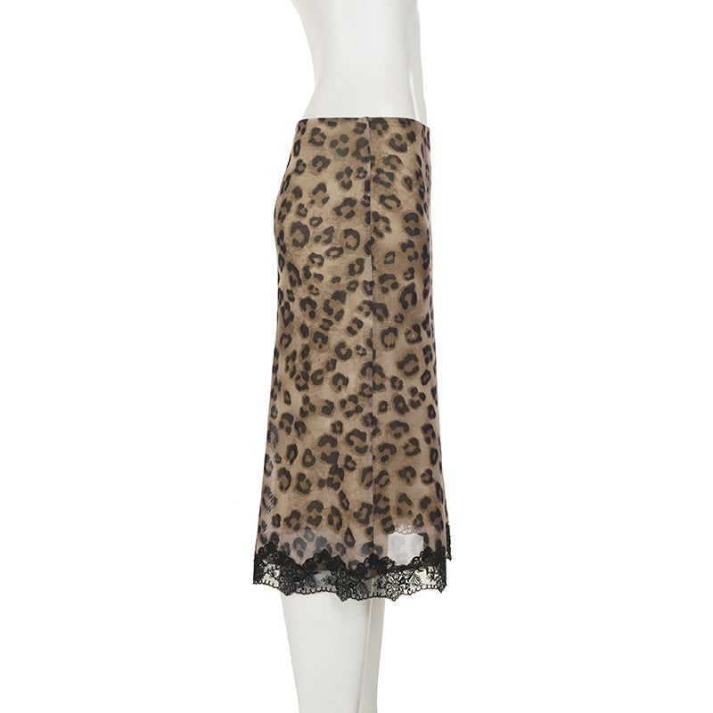 Leopard Lace Patchwork Mesh Mid skirts GPKJ MR49360