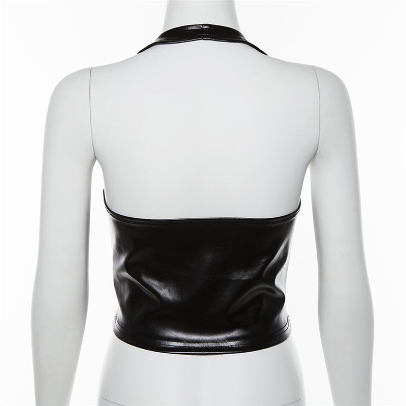 Sexy Halter Tie Up PU Leather Tank Top GYME T1734030