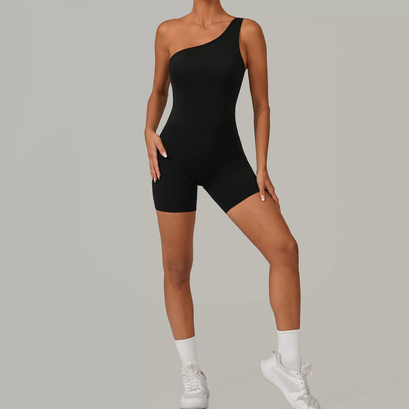 Solid Color Single Shoulder Fitness Romper GQSA 1312