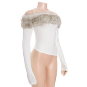 Fur Neck One Shoulder Tops GAXB D397TP