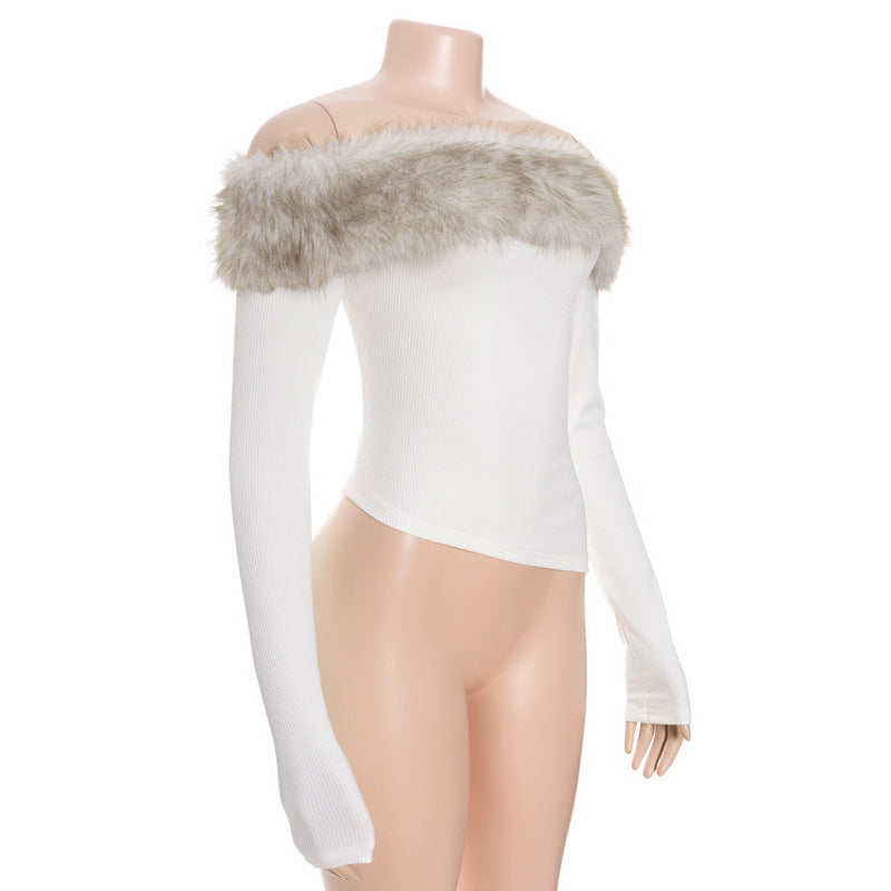 Fur Neck One Shoulder Tops GAXB D397TP