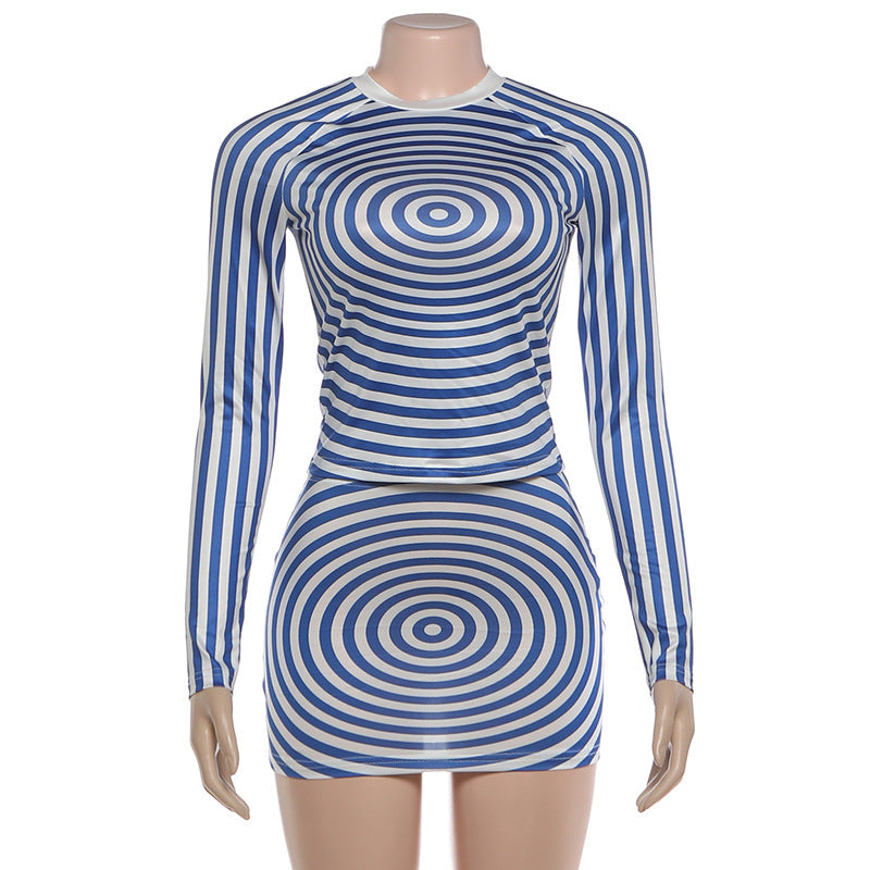 Spiral Pattern Long Sleeve Two Piece Skirts Set DLSF K6S09226A