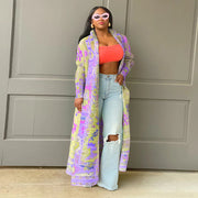 Plus Size Pleated Printed Trench Coat Long Jacket NNWF 10634