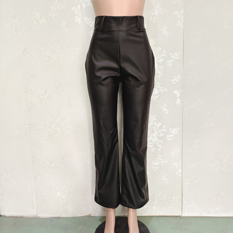 Solid Color Loose Wide Leg Leather Pants BN 313