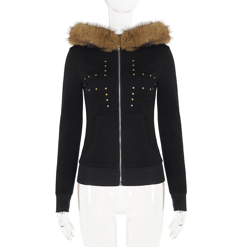 Rivet Zipper Long Sleeve Hooded Coats GPKJ MR50532