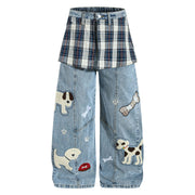 Plus Size Plaid Patchwork Embroidered Puppy Jeans GYLN 2956