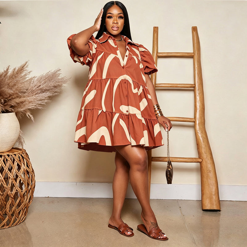 Plus Size Print Loose Short Sleeve Casual Dress GTYZ 7614