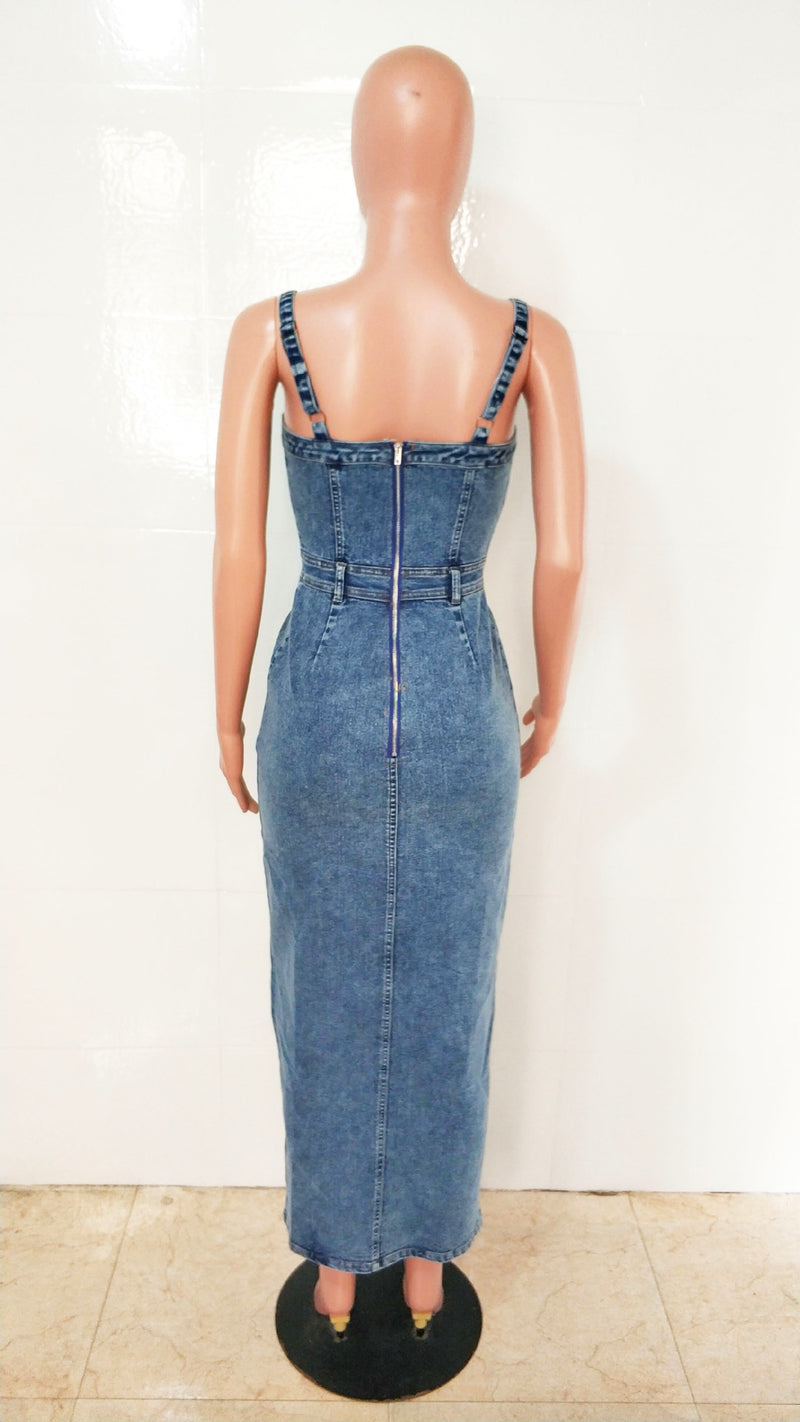 Sleeveless Backless Denim Split Long Dress LX 8612