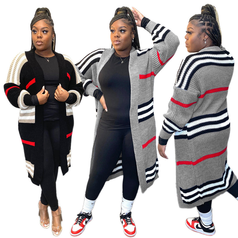 Plus Size Stripe Knits Long Coats QYXZ 9100
