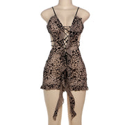 Print Hollow Out Tie Up Skinny Romper GXBQ K24Q60762