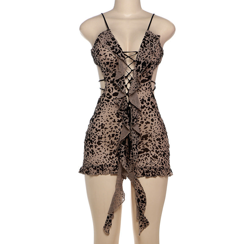Print Hollow Out Tie Up Skinny Romper GXBQ K24Q60762