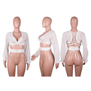 Sexy Chiffon Long Sleeve Deep V Neck Crop Tops GLF 8017