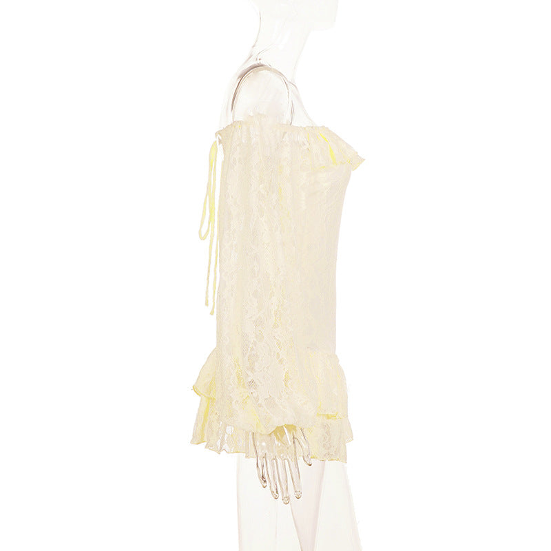 Lace Patchwork One Shoulder Lantern Sleeve Mini Dress GPKJ MR49975