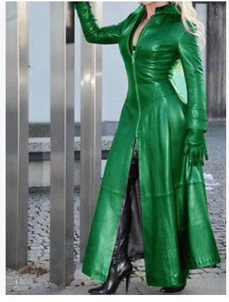 Plus Size Zipper Stand Neck Leather Long Coat GHKC Q012