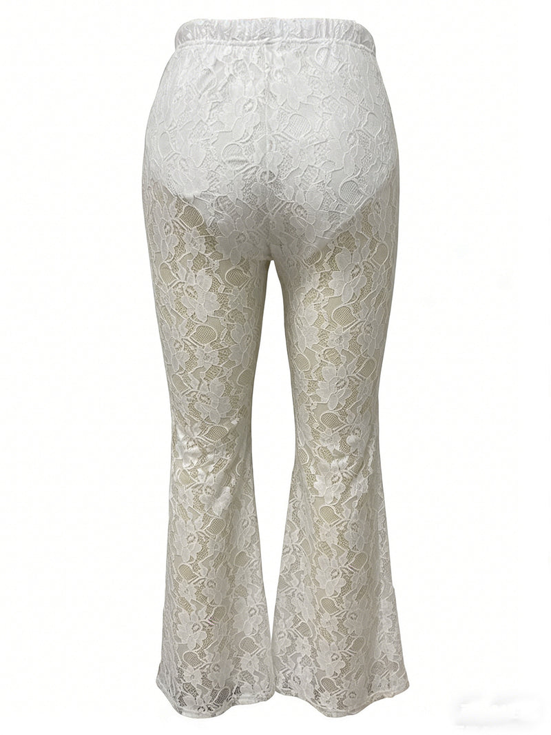 Solid Color Lace Jacquard See Through Micro Flare Pants LSD 2694