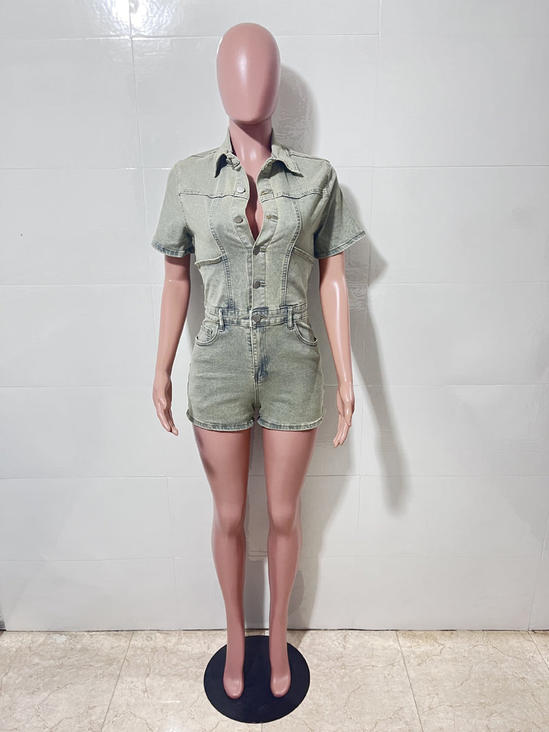 Wash Denim Short Sleeve Romper LX 6049