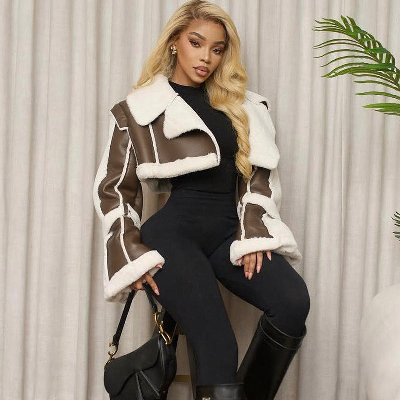 Leather Patchwork Long Sleeve Coats GZJQ K24C75271