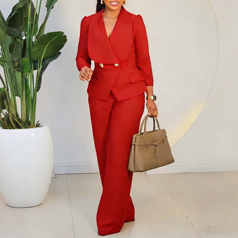 Plus Size Lapel Neck Long Sleeve Wide Leg Jumpsuit GMLF 3357