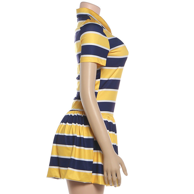 Stripe Print Lapel Casual Dress GSLF K6D08636A