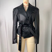 Long Sleeve Tie Up Leather Coat GPBY CT8221