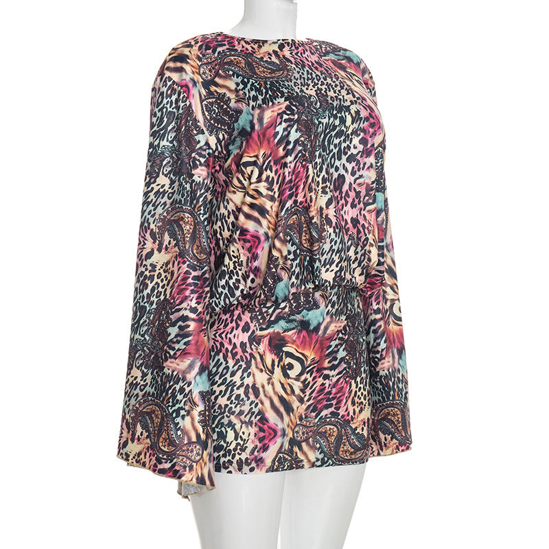 Leopard Print Long Sleeve Backless Mini Dress GSZM D26DS306