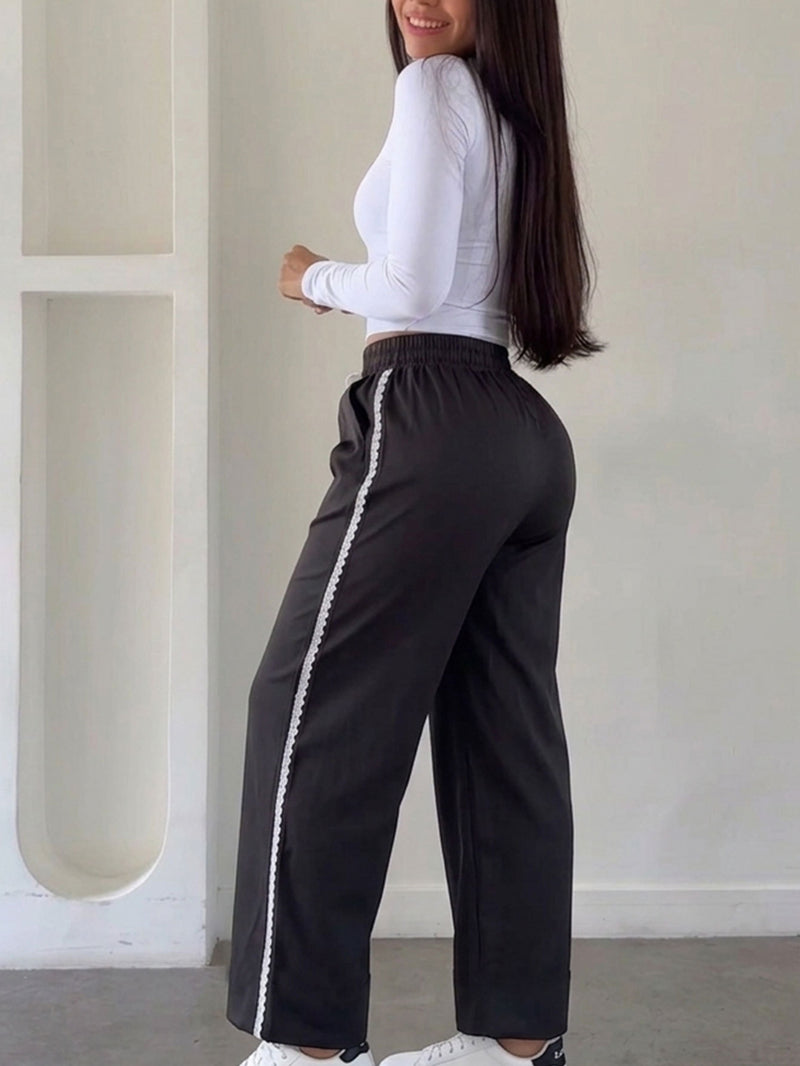 Lace Edge Solid Color Drawstring Sport Pants HNIF YF305