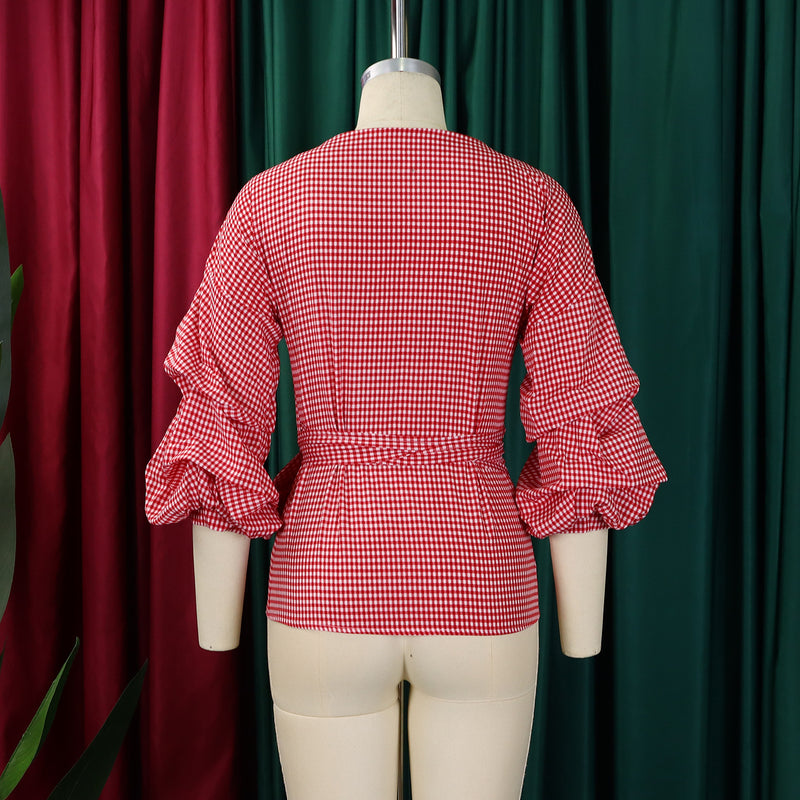 Plus Size V neck Bubble Sleeve Big Bow Blouse GMLF 3319