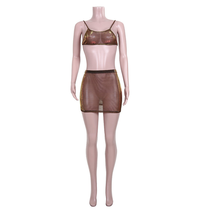Mesh See Through Sling Top And Skirts Two Piece Set JZHF 8030