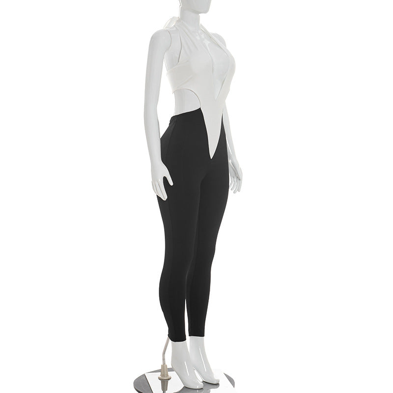 Color Block Deep V Neck Tie Up Jumpsuit GDSF J26JP099