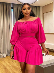 Plus Size Pleated One Shoulder Two Piece Short Set NNWF 8067