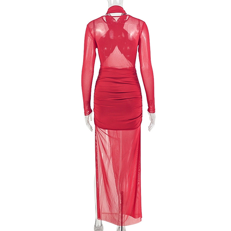 Ruched Solid Color Split Maxi Dress GJYO JD305350