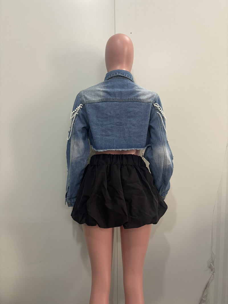 Fashion Pearl Chain Denim Jacket ORY 5277